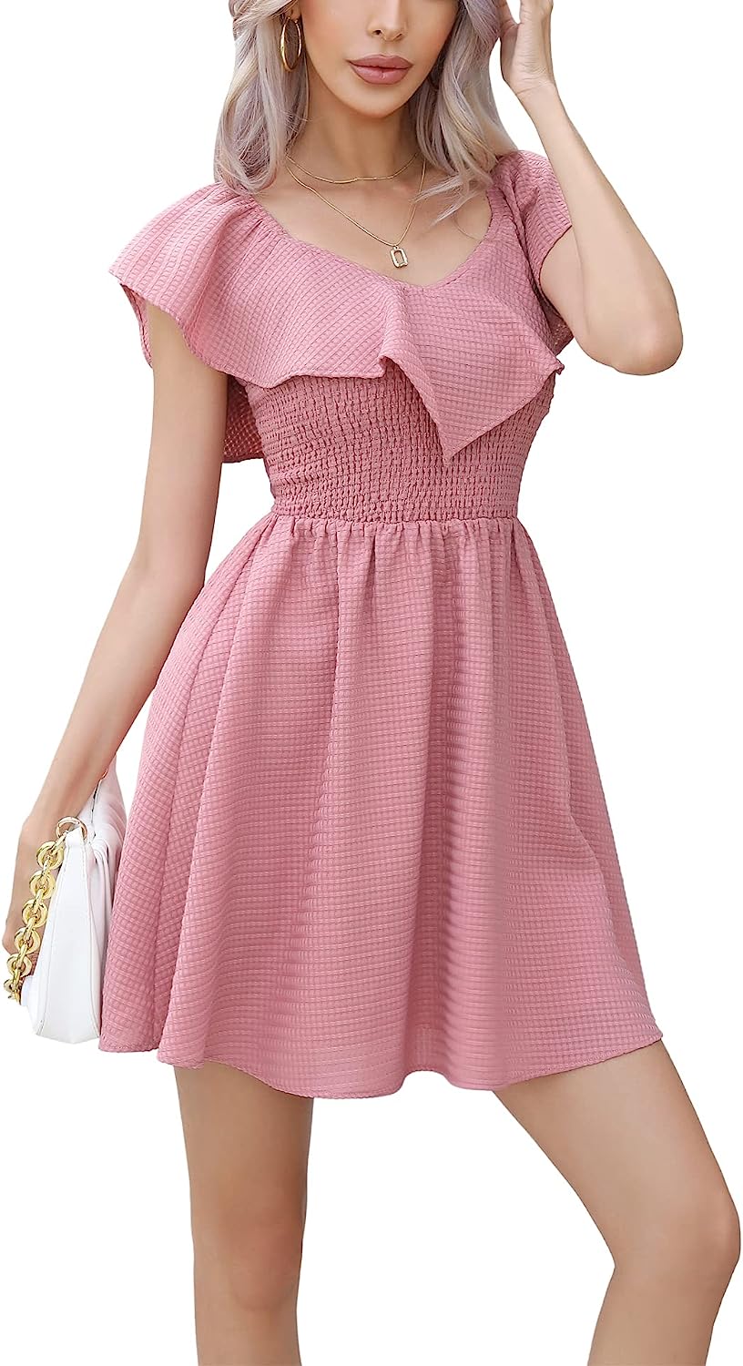 EXLURA Women's Summer Ruffle Casual Dress V Neck Lace A Line Backless Mini Dresses Flowy Wedding Guest Party Sundresses - Image 5